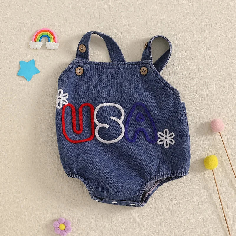 Girl's Embroidered USA 4th of July Overall Rompers