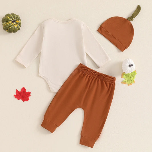 Boy's & Girl's "Cutest Pumpkin in the Patch" 3-Piece Halloween Outfit Sets with Romper, Pants, and Hat