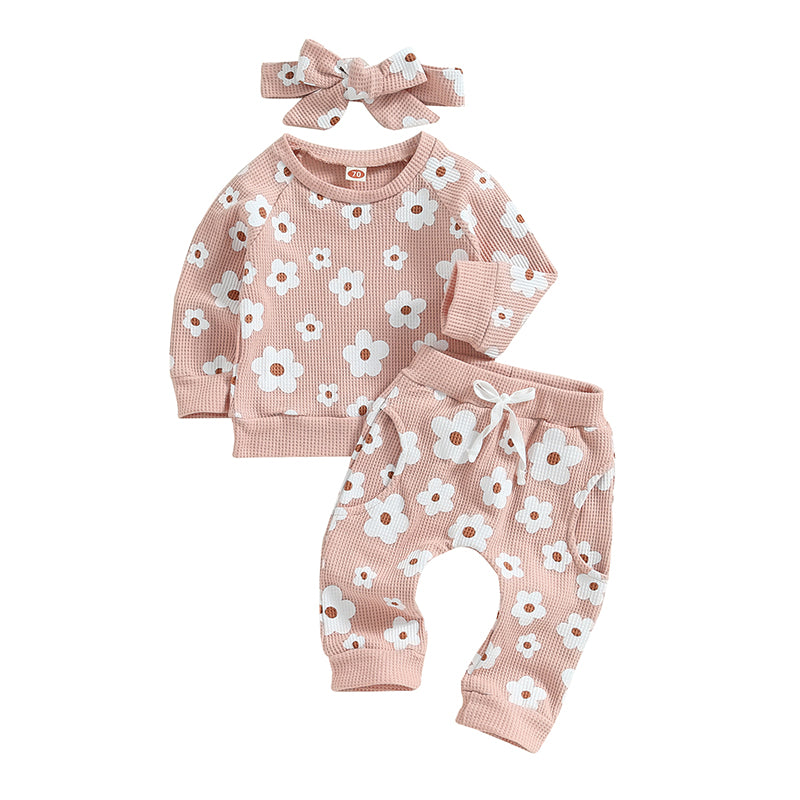 2-Piece Fall Outfits! Girl’s Long Sleeve Flower Sweatshirt, Pants& Bow Headband Sets