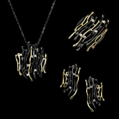 3-piece Black & Gold Style Rings, Necklace & Earrings Sets