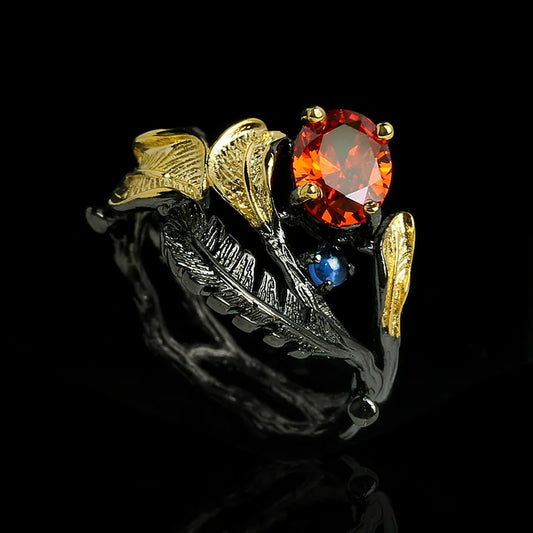 Black & Gold Style Feather Ring Red Zircon Black & Gold Style