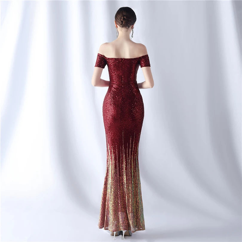 Timeless Burgundy Sparkling Off-Shoulder Evening Gown