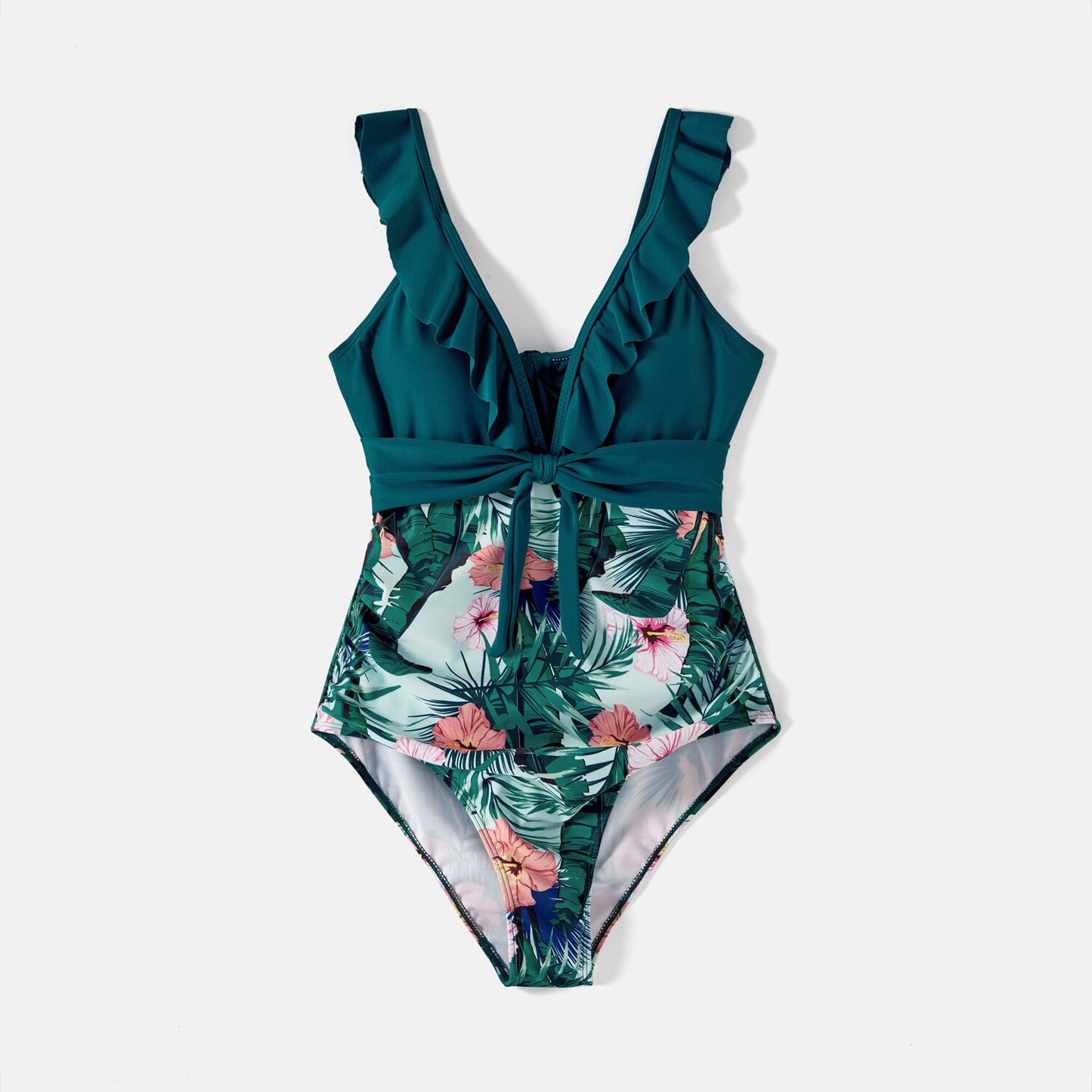 Family Matching! Swimsuit Plant Ruffle Trim Spliced One Piece Swimsuits & Trunks