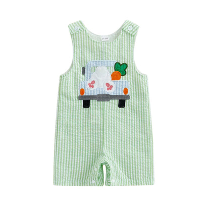 Girl's & Boy's Striped Embroidered Easter Bunny, Truck, Carrot Overall Jumpsuits