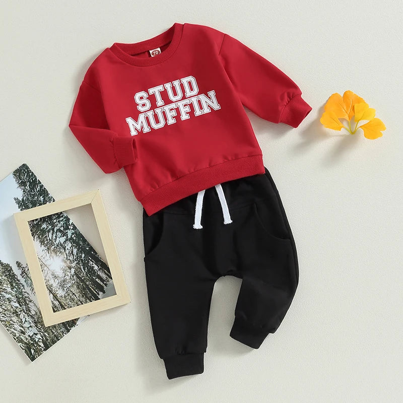 2-Piece Fall / Winter Outfits! Boy's "Stud Muffin" Letter Print Sweatshirt & Pants Sets