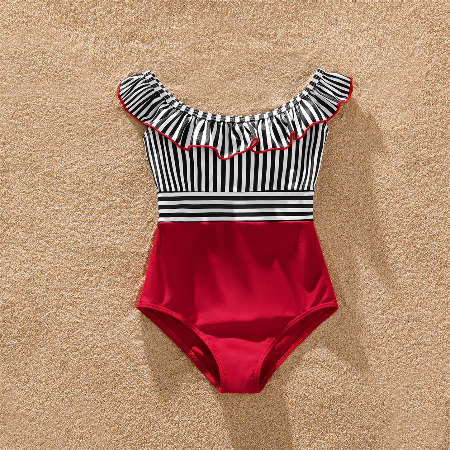 Family Matching! Striped Swim Trunks & Ruffle Splicing One Piece Swimwear Suitable for Summer Season