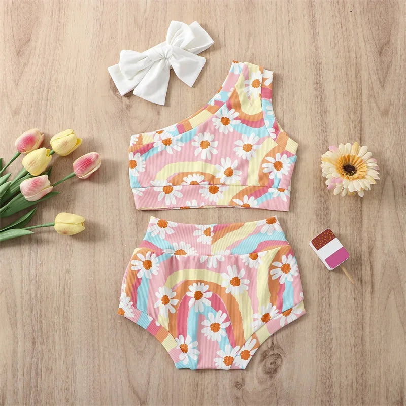 Baby Girls Swimsuits Rainbow Floral Print Bikini Set Sleeveless Bathing Suit Clothes