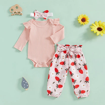 3-Piece Fall Outfits! Girl’s Long Sleeve Flower, Onesies, Pants& Bow Headband Sets