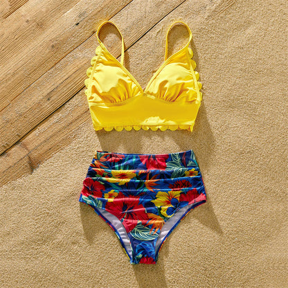 Family Matching! Solid Scallop Trim Strappy Two Piece Bikini Swimsuit and  Floral Swim Trunks Shorts