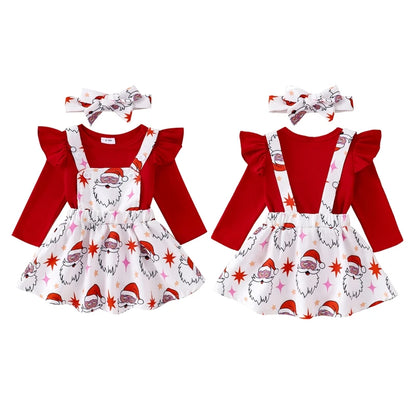 Girl's 3-Piece Holiday 3-Piece Ruffled Onesie, Santa/Pumpkin/Turkey Suspender Skirts & Bow Headband Sets