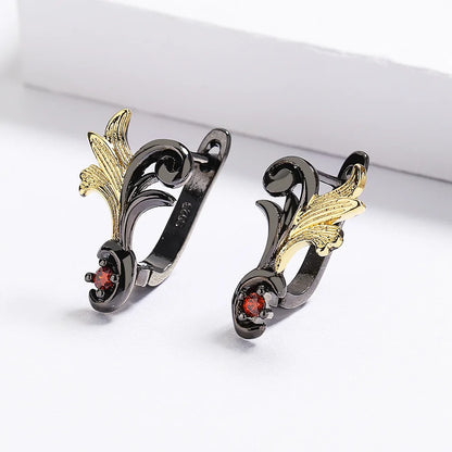 Black & Gold Style Red Zircon Leaf Earrings