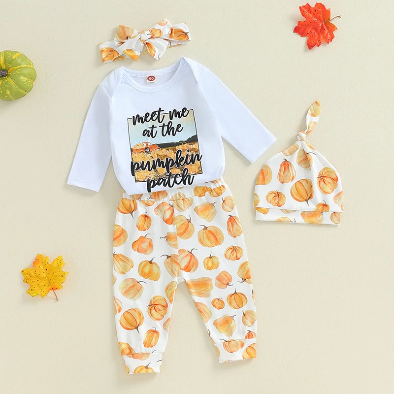 4-Piece Halloween Outfits! Girl’s Long Sleeve Pumpkin Onesie, Pants, Headband & Hat Sets