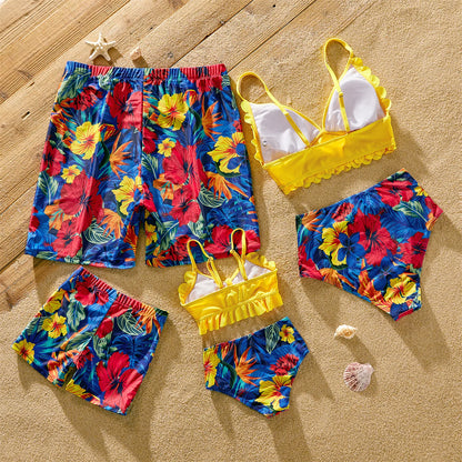 Family Matching! Solid Scallop Trim Strappy Two Piece Bikini Swimsuit and  Floral Swim Trunks Shorts