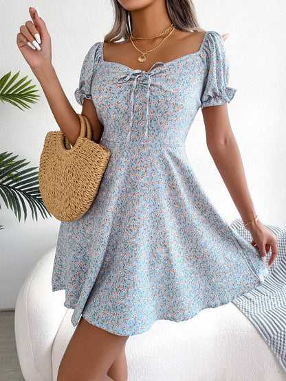 Womens Floral Print Puff Sleeve Mini Dresses