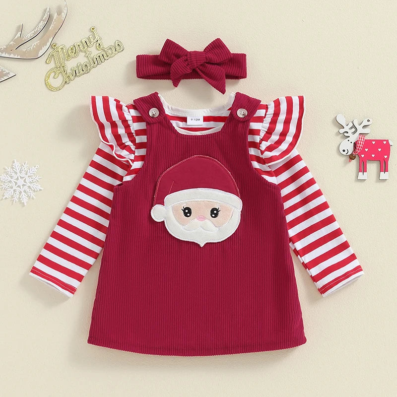 3-Piece Christmas Outfits! Girl’s Embroidered Onesies, Overall Dresses & Bow Headband Sets