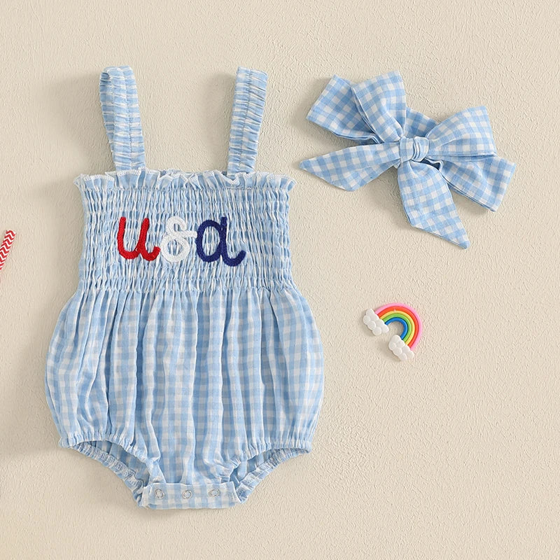 Girl's 2-Piece Embroidered July 4th Rompers & Bow Head Band Sets
