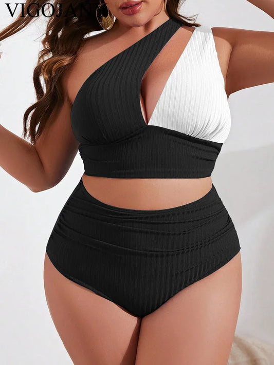 Solid Patchwork 2 Piece Plus BikiniOne Shoulder Push UP Swimsuit Backless Bathing Suit