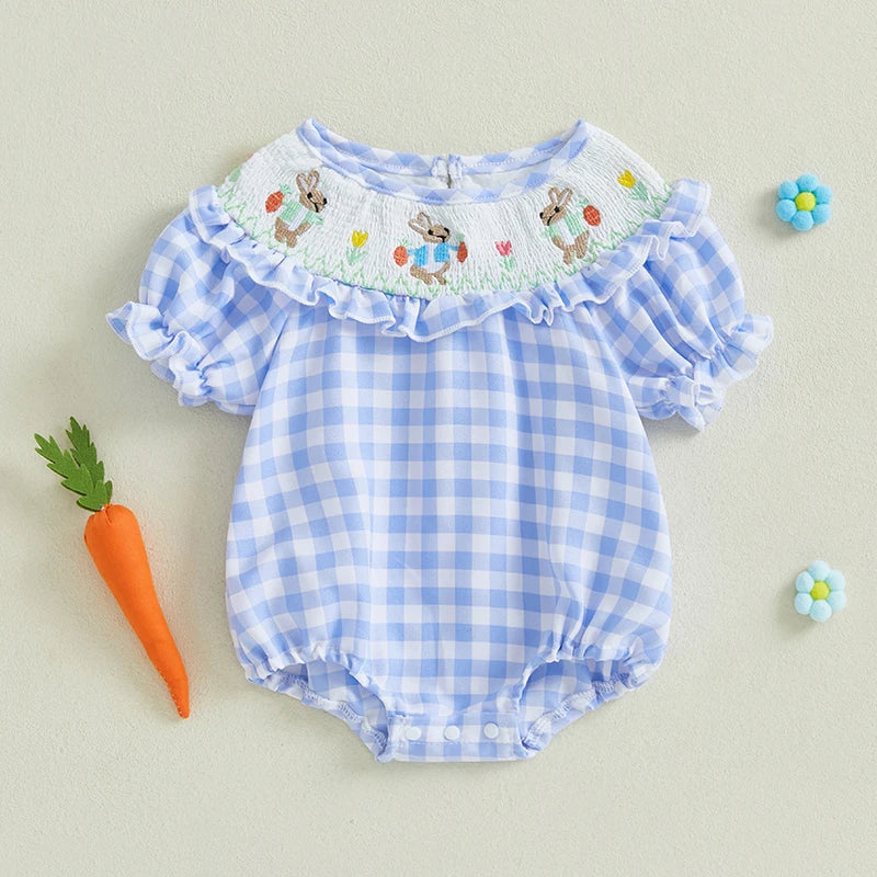 Girl's Plaid Easter Bunny Carrot Shirred Rompers