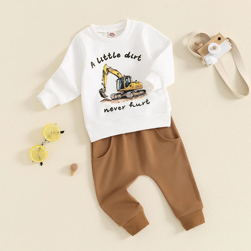 2-Piece Fall/Winter Outfits! Boy's "A Little Dirt Never Hurt" Excavator Sweatshirt & Pants Sets