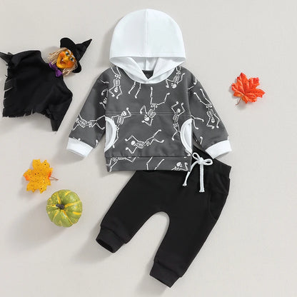 2-Piece Halloween Outfits! Boy’s Long Sleeve Hooded Skeleton Sweatshirts & Pants Sets