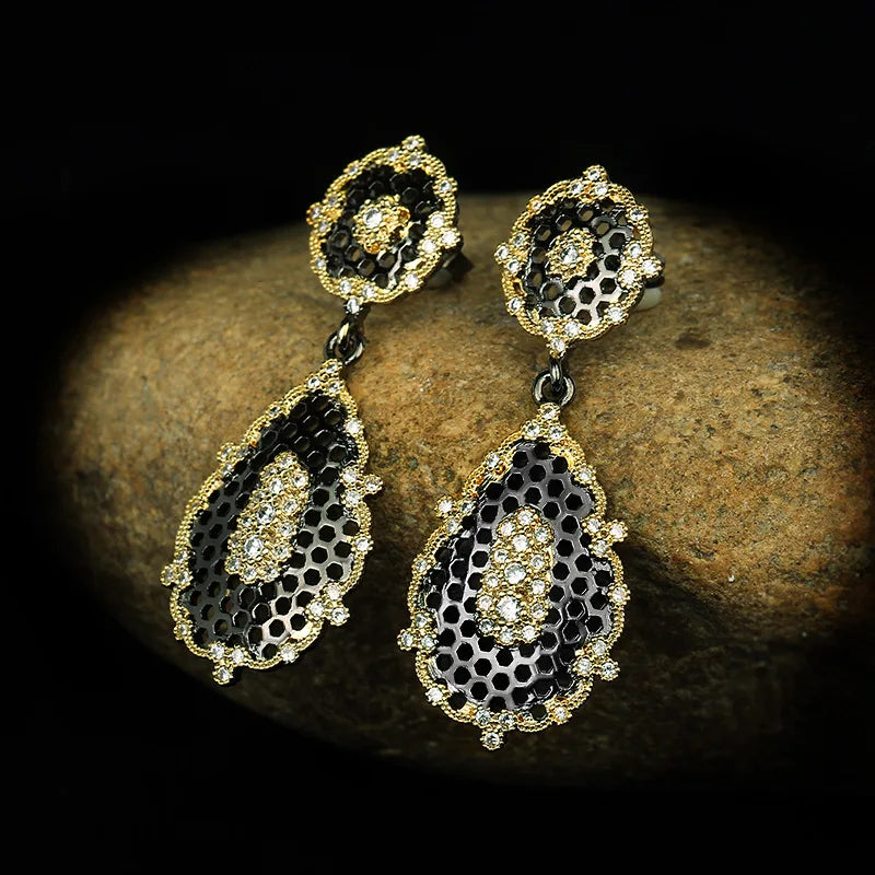 Black & Gold Style Zircon Drop Pendant Earrings