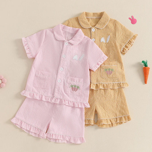 Girl's 2-Piece Plaid Embroidered Easter Bunny & Carrots Ruffled Pajamas