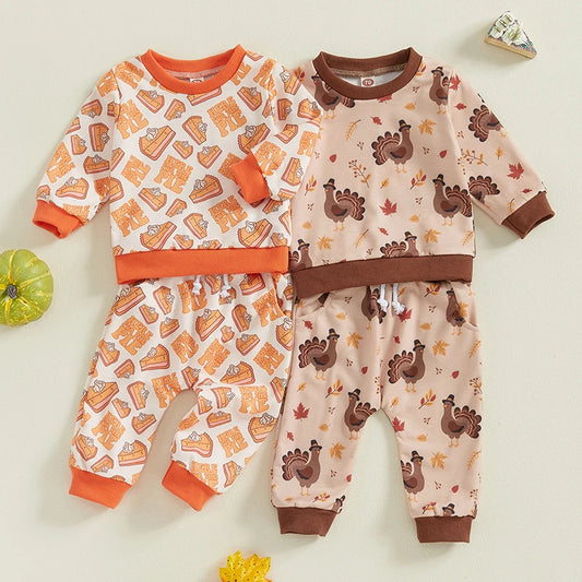 2-piece Thanksgiving Sets! Boy's & Girl's Fall Turkey & Pumpkin Pie Sweatshirts & Sweatpants Outfits