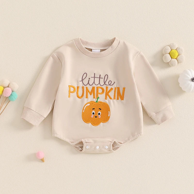 Halloween Outfits! Boy's & Girl's Embroidered "Little Pumpkin" Long Sleeve Fall Sweatshirts