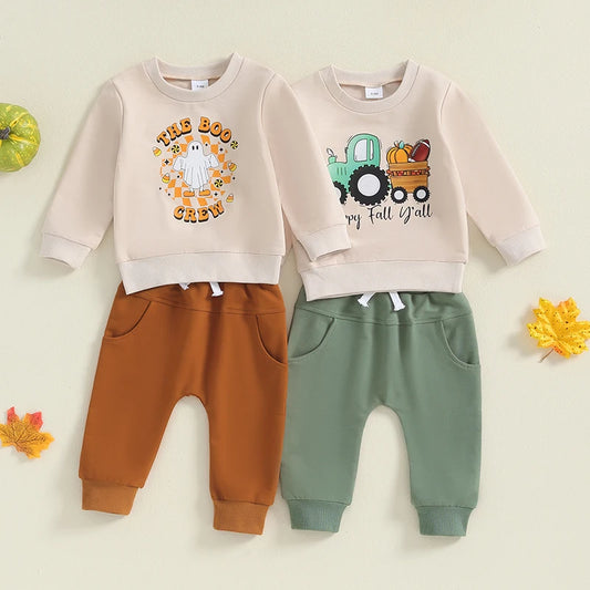 2-piece Halloween Sets! Girl's & Boy's Ghost *Boo Crew* & *Happy Fall Yall* Truck Sweatshirt & Sweatpants