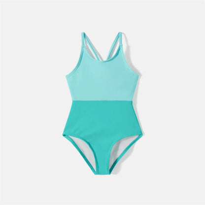 Family Matching! Swimsuit Color Block Self Tie One-piece Swimsuit & Swim Trunks