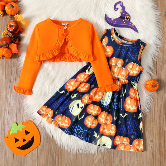 2-Piece Toddler Girl's Sleeveless Halloween Pumpkin Dress & Matching Ruffled Cardigan Set