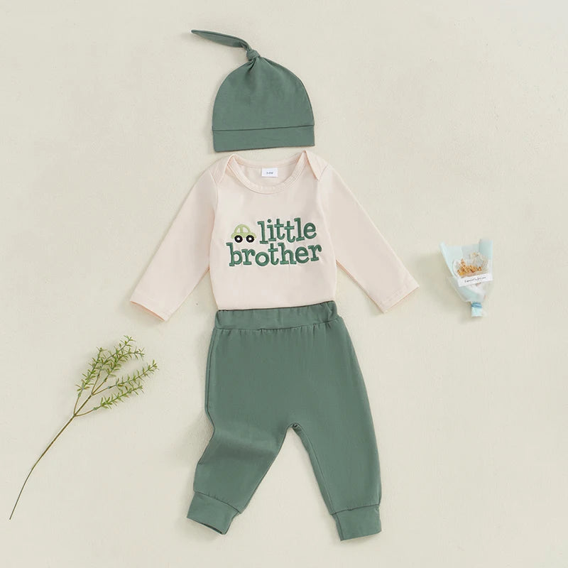 3-Piece Fall Outfits! Boy’s "Little Brother" Embroidered Onesies, Pants & Hat Sets