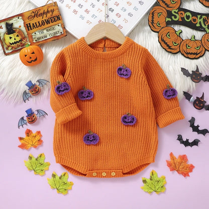 Halloween Outfits! Girl's & Boy's Embroidered Pumpkin Knit Sweater Onesie