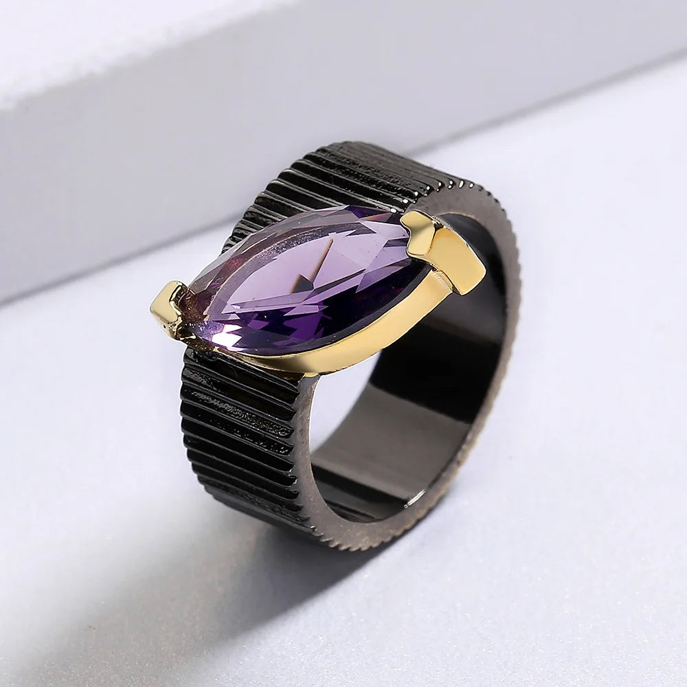 Men's Vintage Purple Zircon Geometric Black & Gold Style Rings