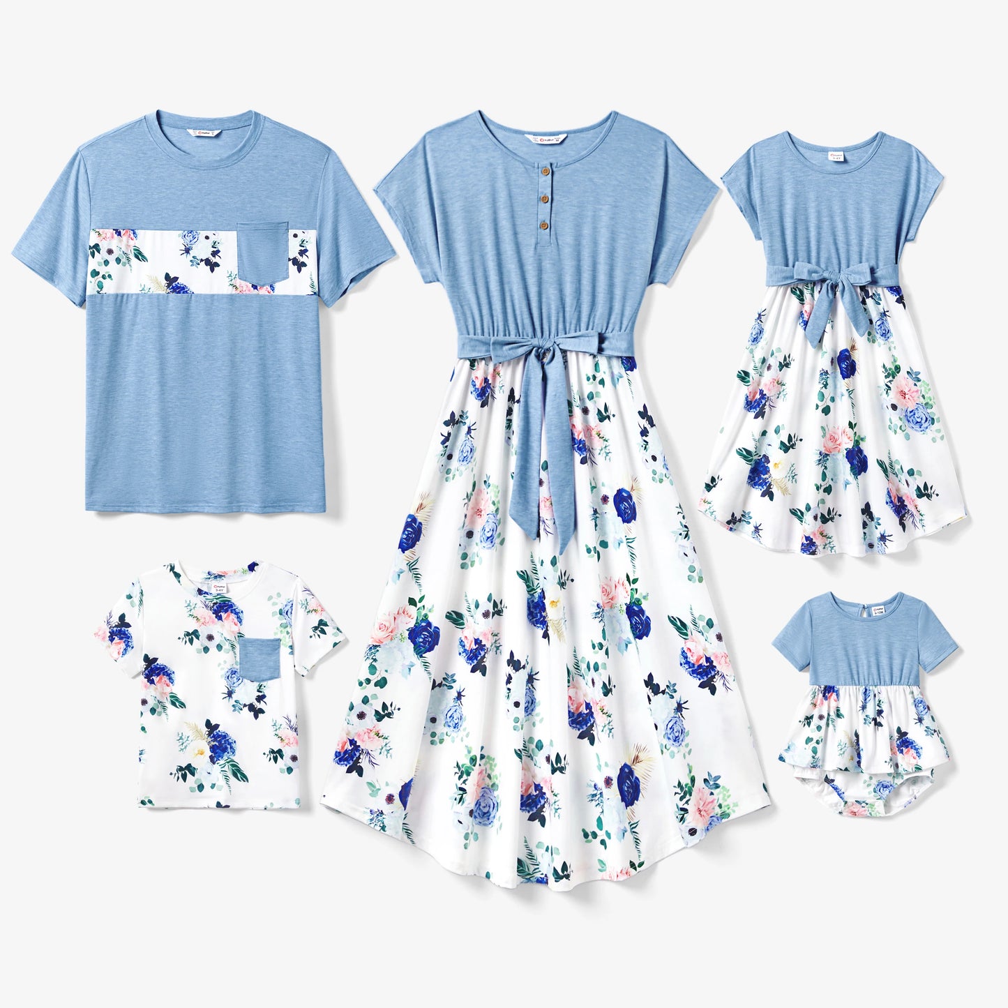 Family Matching! Floral Color Block T-Shirt & Quarter Button Belted Spliced A-Line Dress Sets