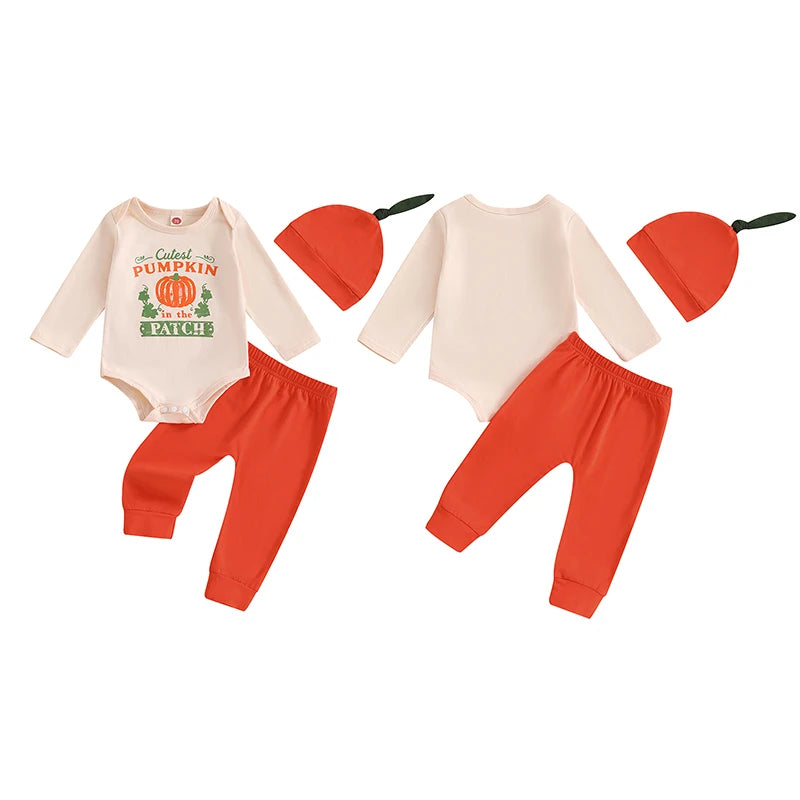 3-Piece Halloween Outfits! Girl’s Long Sleeve Pumpkin Rompers, Pants & Hat Sets