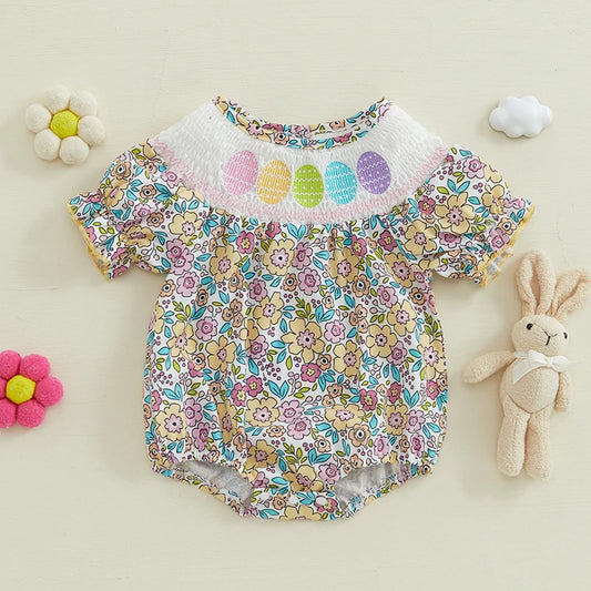 Girl's Smocked Floral Embroidered Easter Bunny Rompers