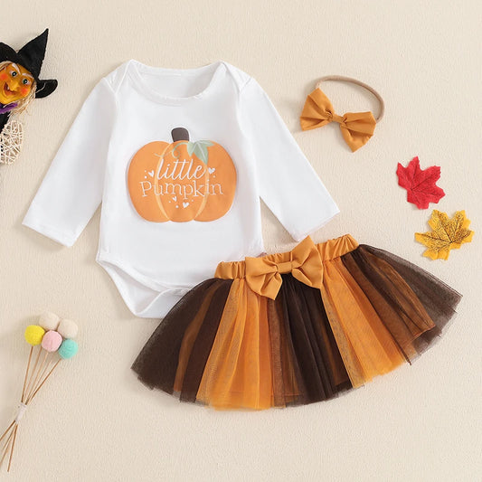 3-Piece Halloween Outfits! Girl’s Long Sleeve Pumpkin Rompers, Skirt& Bow Headband Sets