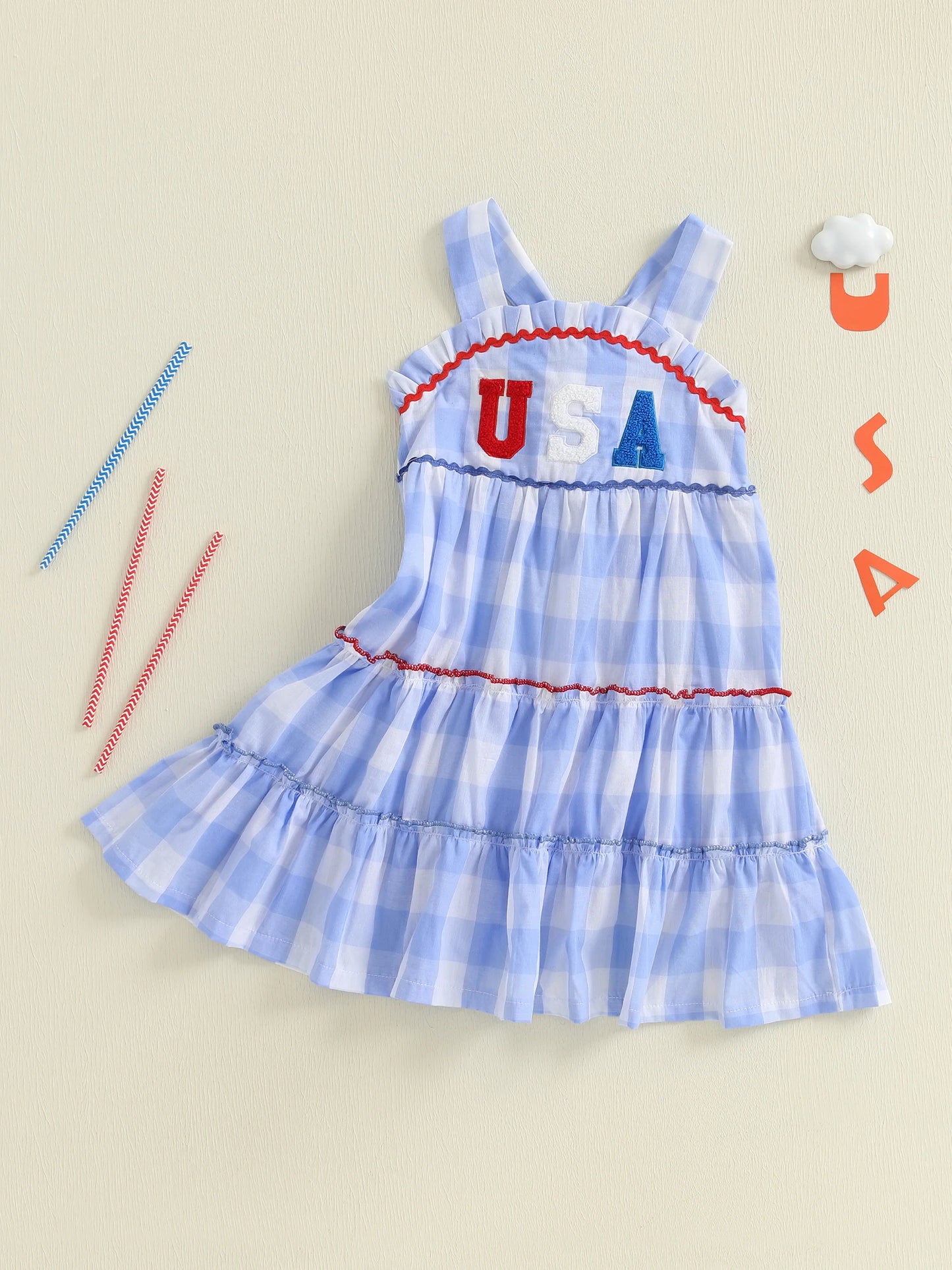 Girl's Plaid Embroidered USA 4th of July Dresses