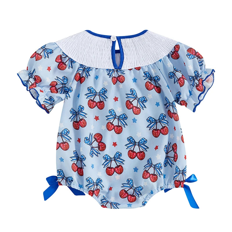 Girl's Cherry 4th of July Plaid Doll Collar Rompers
