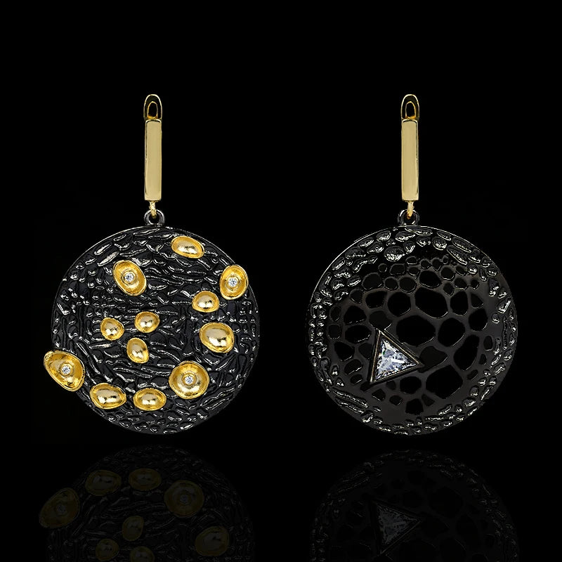 Earrings Round Asymmetric Earrings Black & Gold Style Stud Earrings