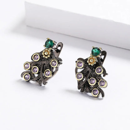 Purple Zircon Flower Earrings Classic Black & Gold Style Earrings