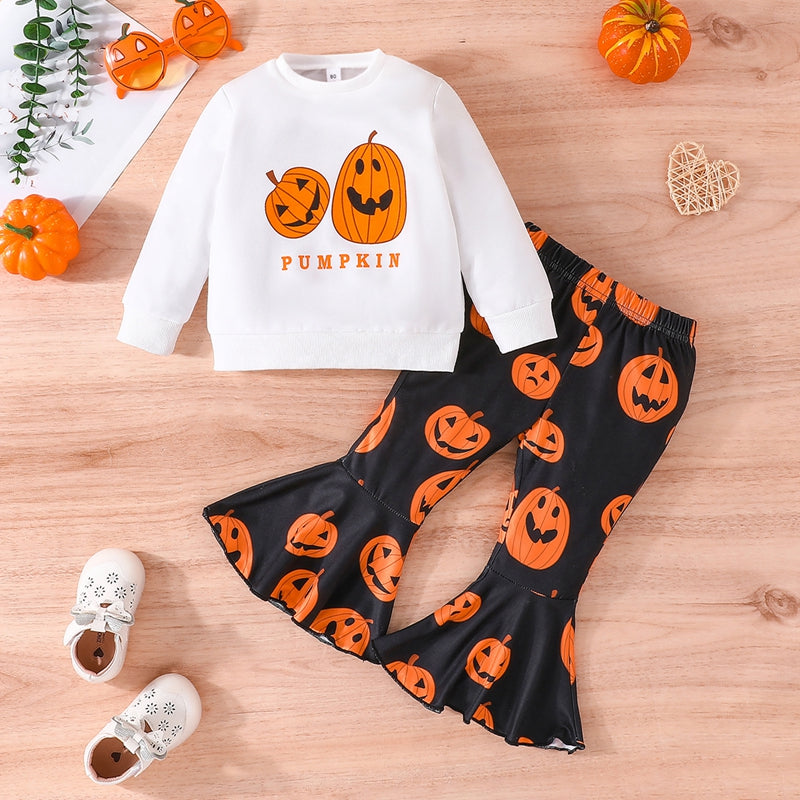 2-Piece Halloween Outfits! Girl’s Long Sleeve Pumpkin Sweatshirt & Pants Sets