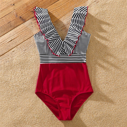 Family Matching! Striped Swim Trunks & Ruffle Splicing One Piece Swimwear Suitable for Summer Season