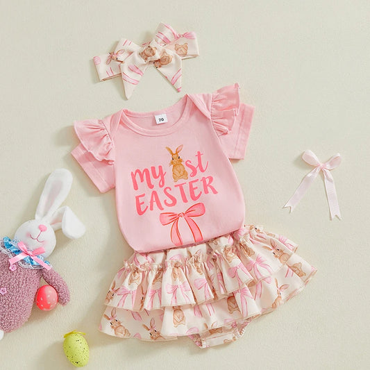 Girl's 3-Piece "My 1st Easter" Onesie, Ruffled Skirt & Bow Headband Sets