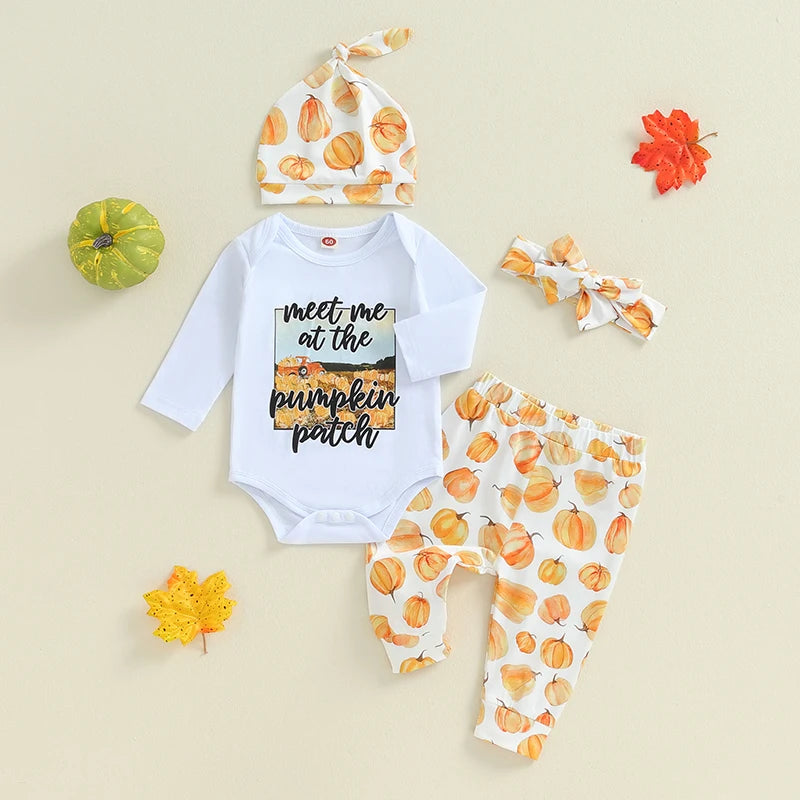 4-Piece Halloween Outfits! Girl’s Long Sleeve Pumpkin Onesie, Pants, Headband & Hat Sets