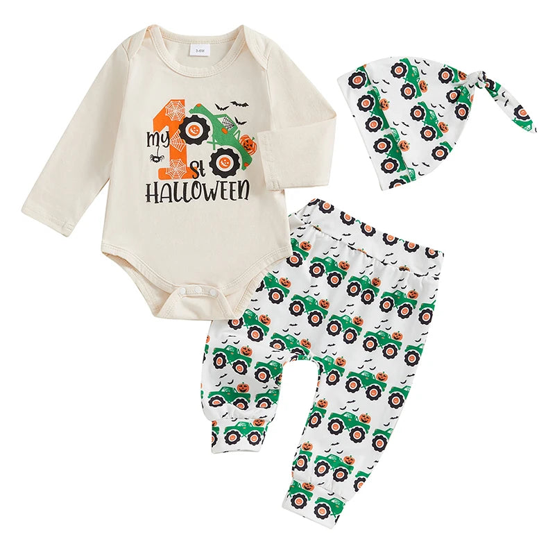 3-Piece Halloween Outfits! Boy’s Long Sleeve Rompers, Pants & Hat Sets