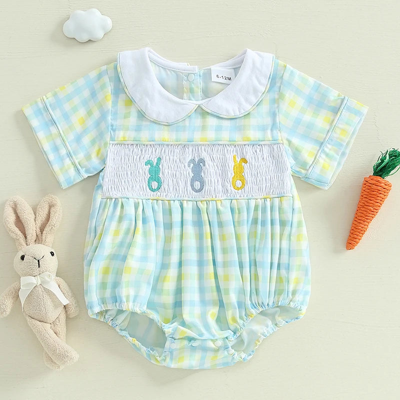 Girl's & Boy's Embroidered Easter Bunny Doll Collar Rompers