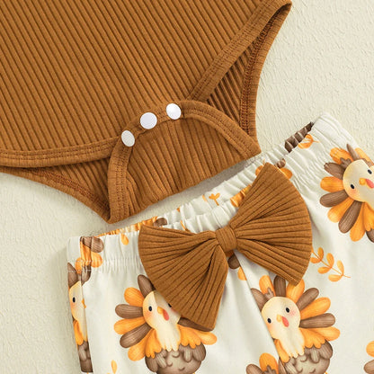 3-Piece Thanksgiving Outfits! Girl’s Long Sleeve Onesies, Pants, and Headband Sets