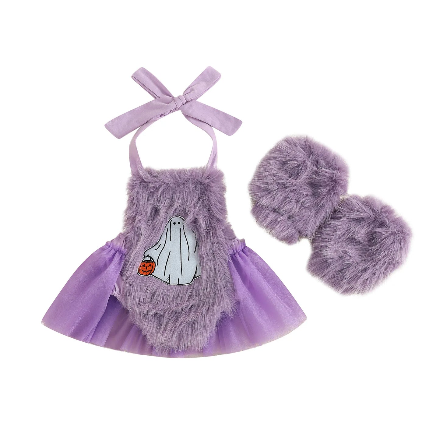 2-Piece Baby Girl's Furry Ghost Embroidered Halloween Halter Dresses with Leg Warmers